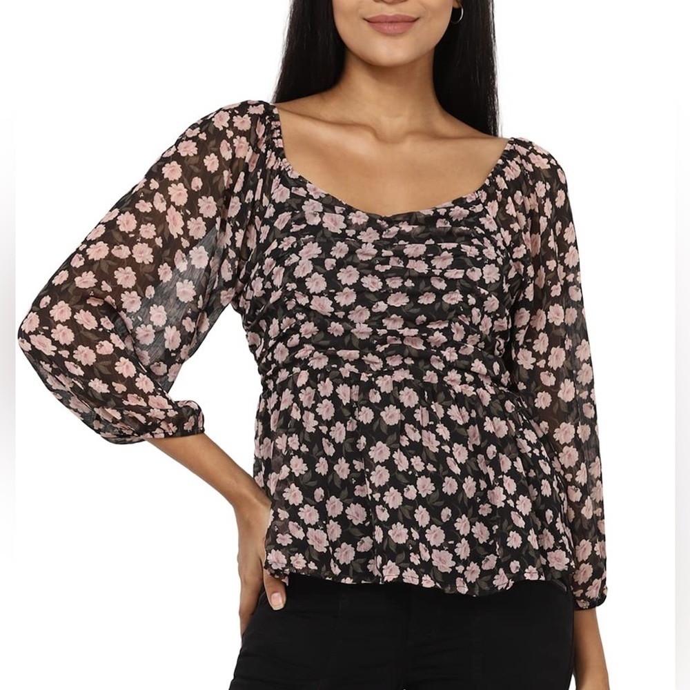 American Eagle‎ floral rose chiffon smocked baby doll blouse with puff sleeve M